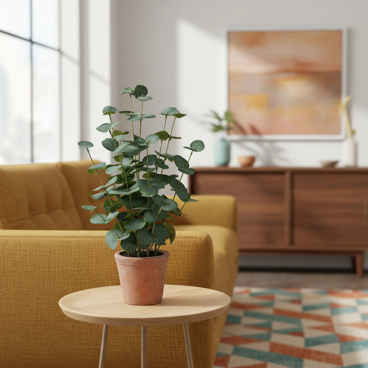 Grön Konstgjorda växter Eucalyptus i en terrakottafärgad kruka på ett sidobord från hjh OFFICE