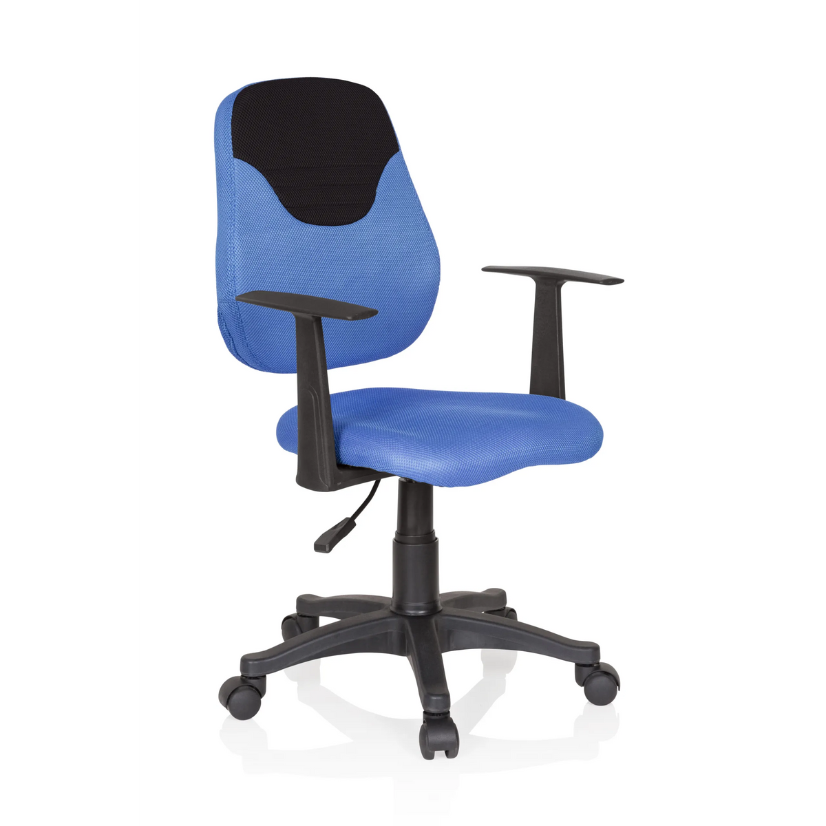 Blå Snurrstol för barn KIDDY STYLE med nätrygg, armstöd och femhjulig stjärnfot från hjh OFFICE – 360-gradersvy (snett framifrån 40°)