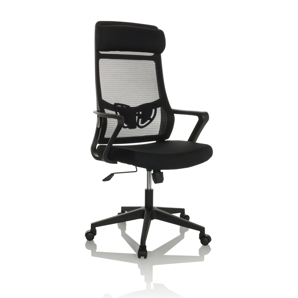 Svart Home Office kontorsstol NEKEO med nätrygg och femhjulig stjärnfot från hjh OFFICE – 360-gradersvy (snett framifrån 30°)