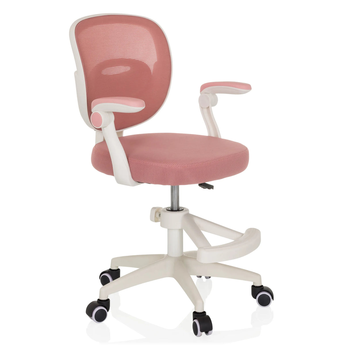 Rosa Snurrstol för barn KIDDY SMART med nätrygg och femhjulig stjärnfot från hjh OFFICE – 360-gradersvy (snett framifrån 45°)