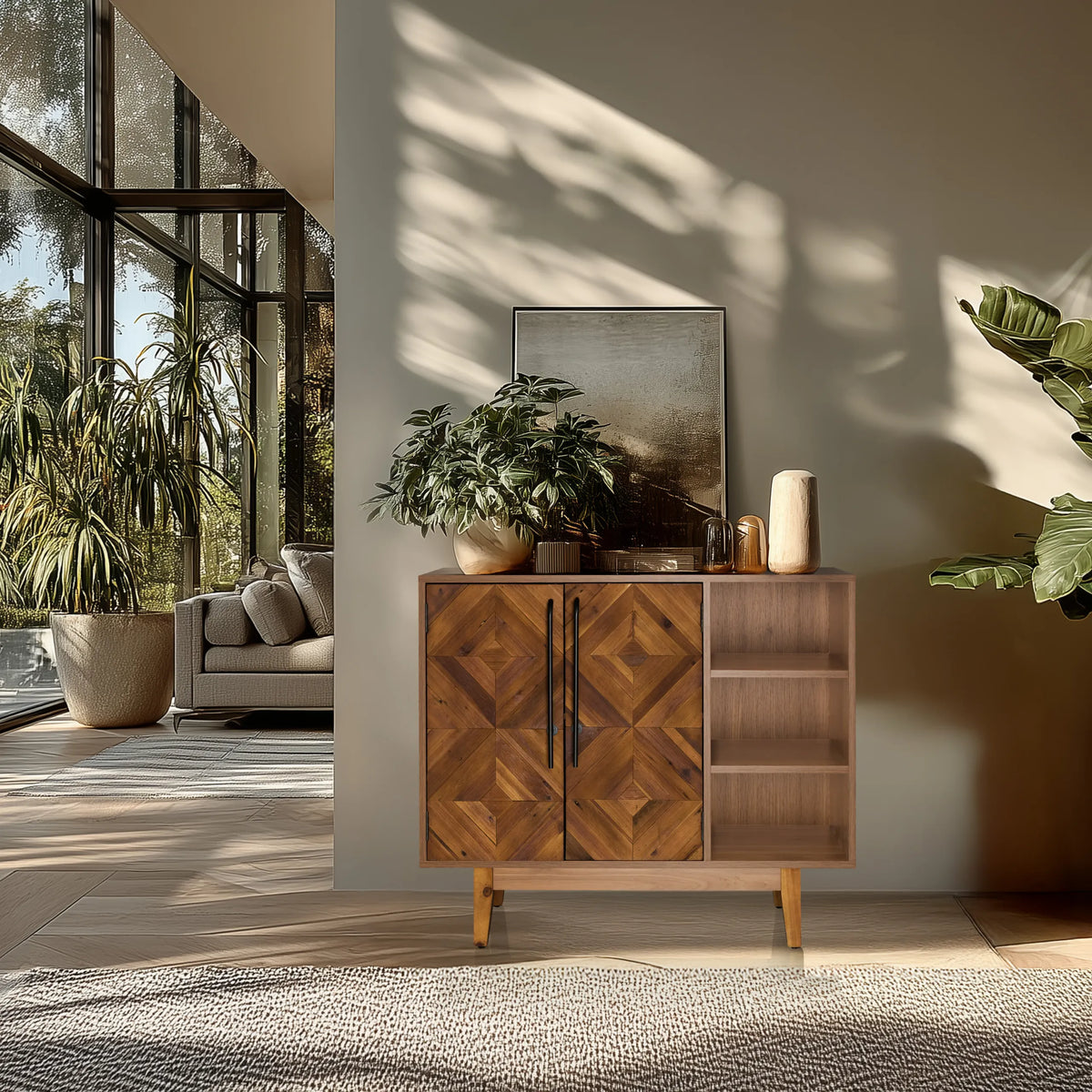 Byrå SANTJAGO WOOD L i mörkbrun trälook med två dörrar och en öppen hylla från hjh LIVING