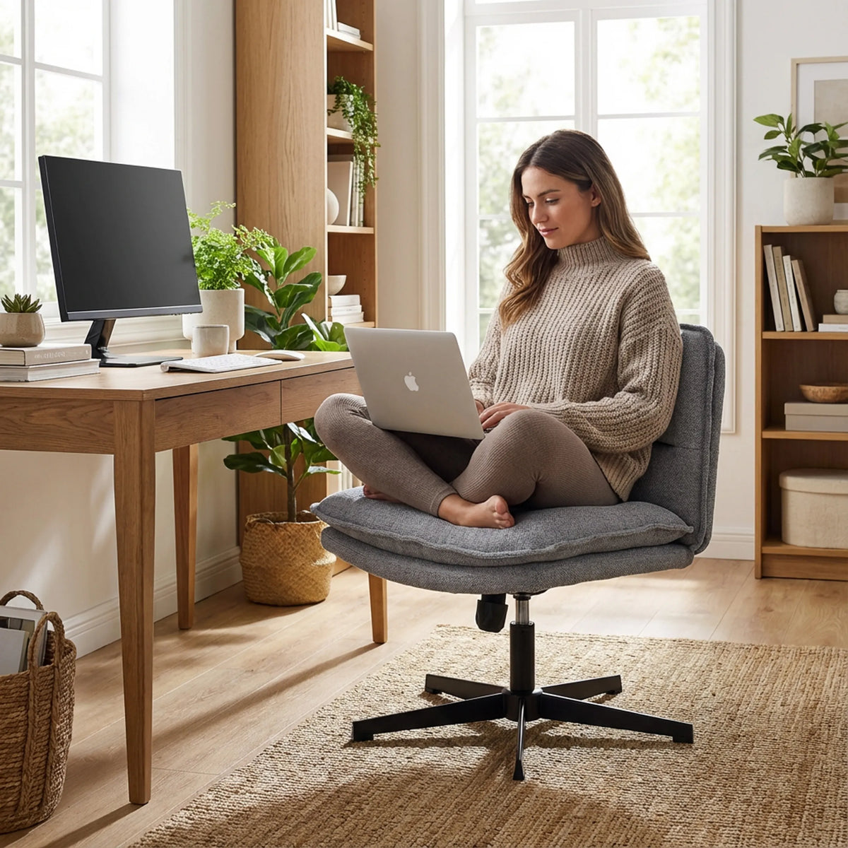Mörkgrå Criss-Cross 20 loungefåtölj med stjärnfot i ett ljust rum med skrivbord från hjh LIVING