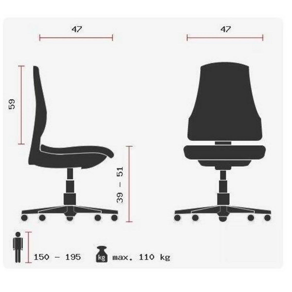 Teknisk ritning av Professionell kontorsstol HJH SOLUTION BASIC med en sitthöjd på 39 till 51 cm från Topstar