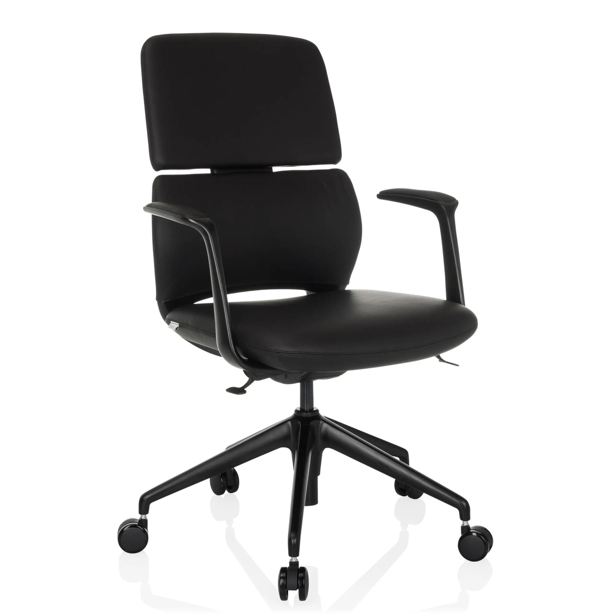 Svart Professionell kontorsstol ATMOS DESIGNER med armstöd och femhjulig fotkorsbas från hjh OFFICE – 360-gradersvy (snett framifrån 30°)