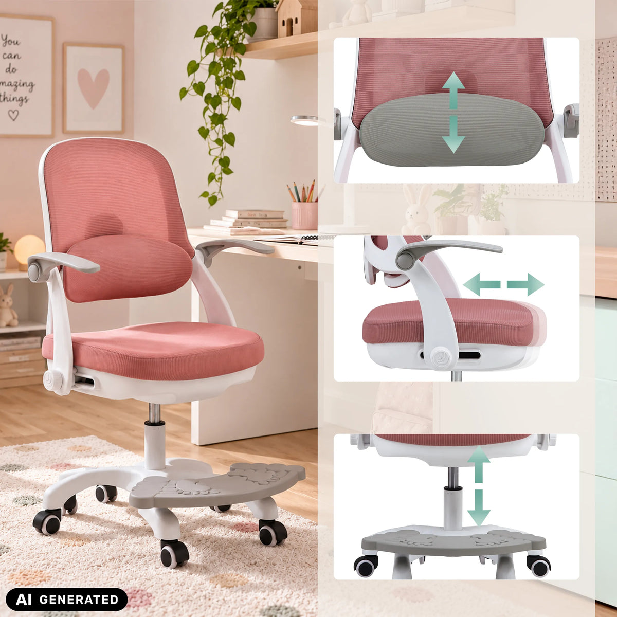 Justerbart ryggstöd, armstöd och sitthöjd på Kiddy Smart Step snurrstol för barn från hjh OFFICE (AI-genererad bild)