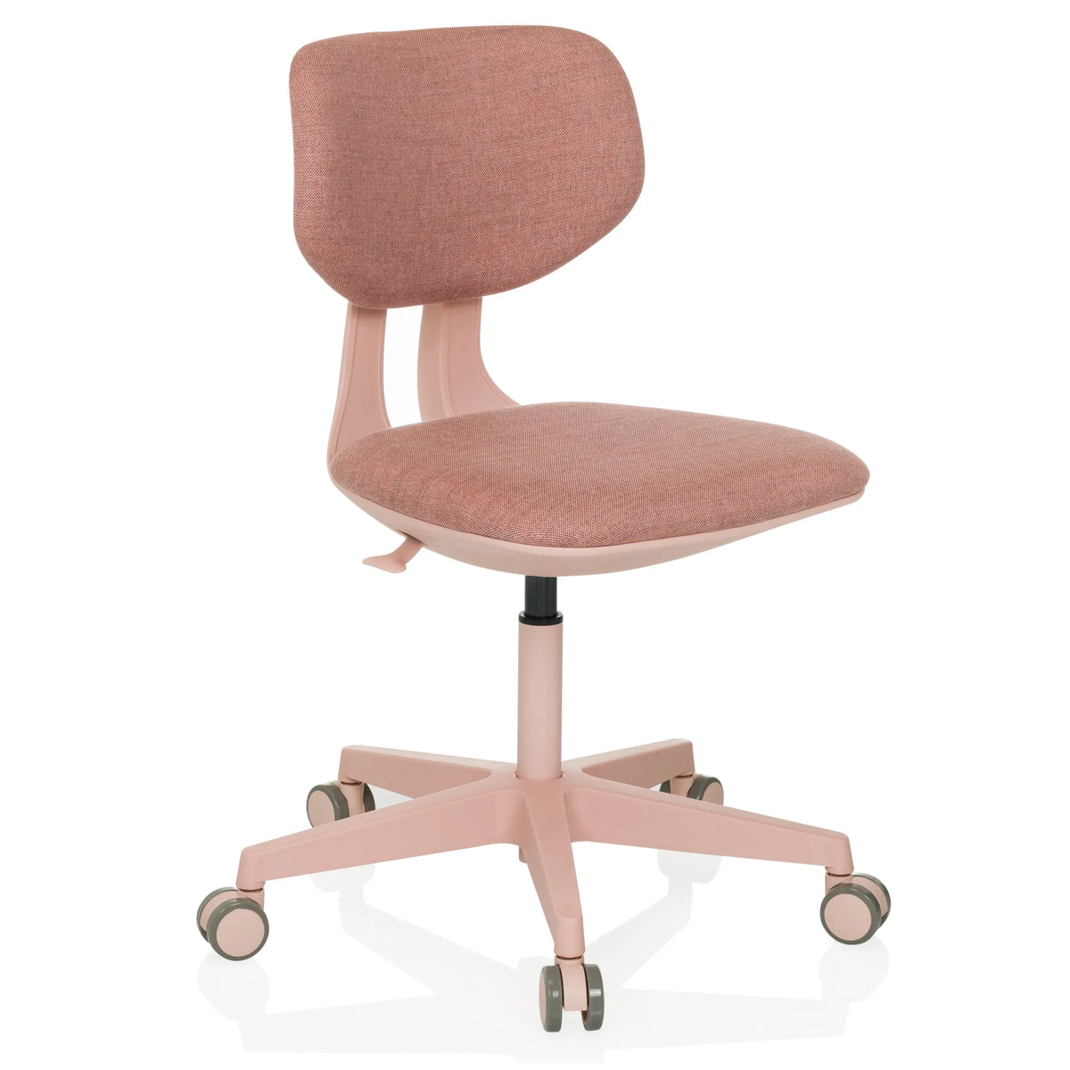 Rosa Snurrstol för barn KID COLORE med stoppade ytor och femhjulig fotkorsbas från hjh OFFICE – 360-gradersvy (snett framifrån 30°)