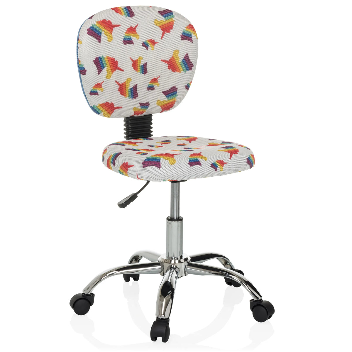 Snurrstol för barn KID BUBBLE med färgglatt regnbågsmotiv och femhjulig fotkorsbas från hjh OFFICE – 360-gradersvy (snett framifrån 30°)