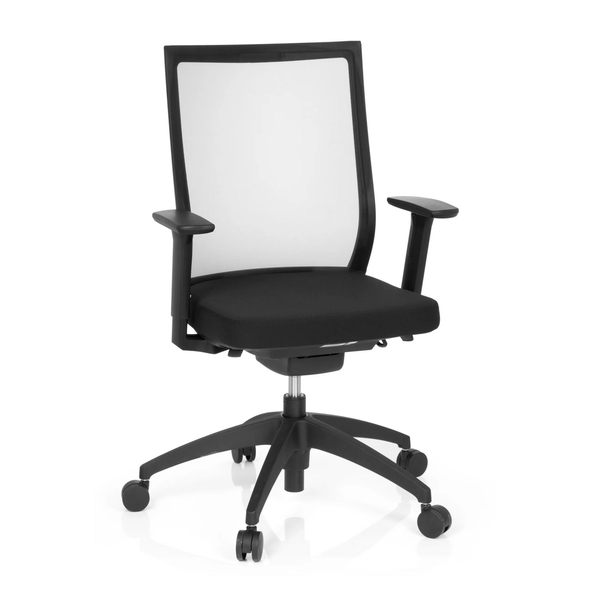 Svart Professionell kontorsstol ASPEN med nätrygg och femstjärnig fotkorsbas med hjul från hjh OFFICE – 360-gradersvy (framifrån 20°)