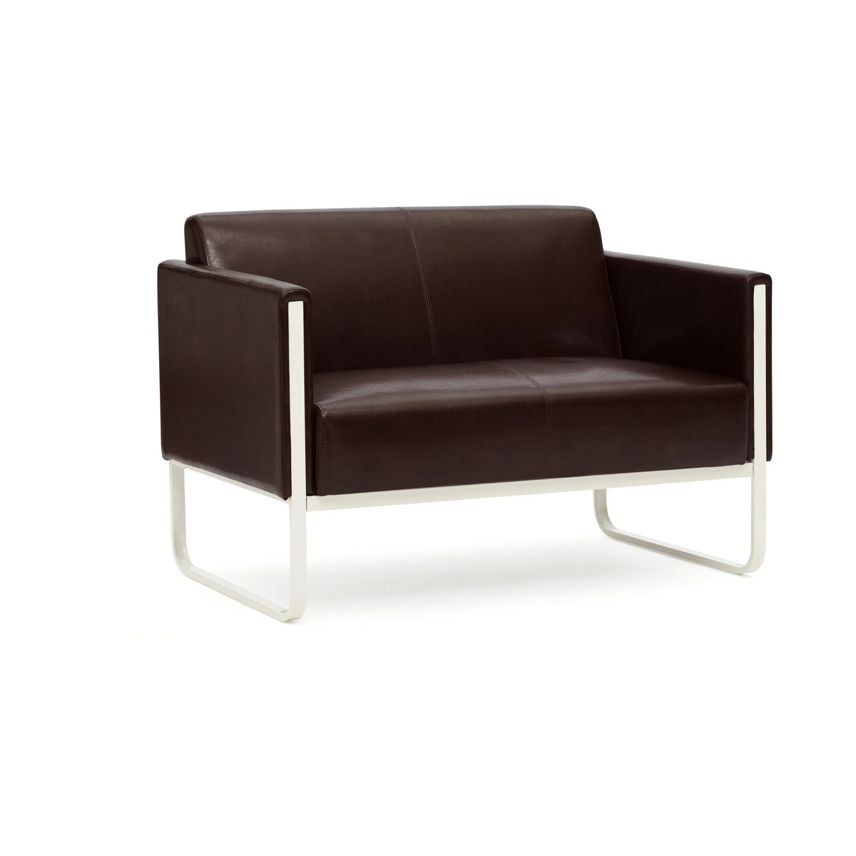 Brun loungesoffa ARUBA som tvåsitssoffa med silverfärgad metallstomme från hjh OFFICE – 360-gradersvy (bakifrån 180°)