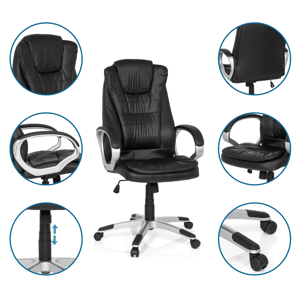 Spelstol RELAX WB100 i svart med detaljbilder på armstöd, gaslift och hjul från MyBuero