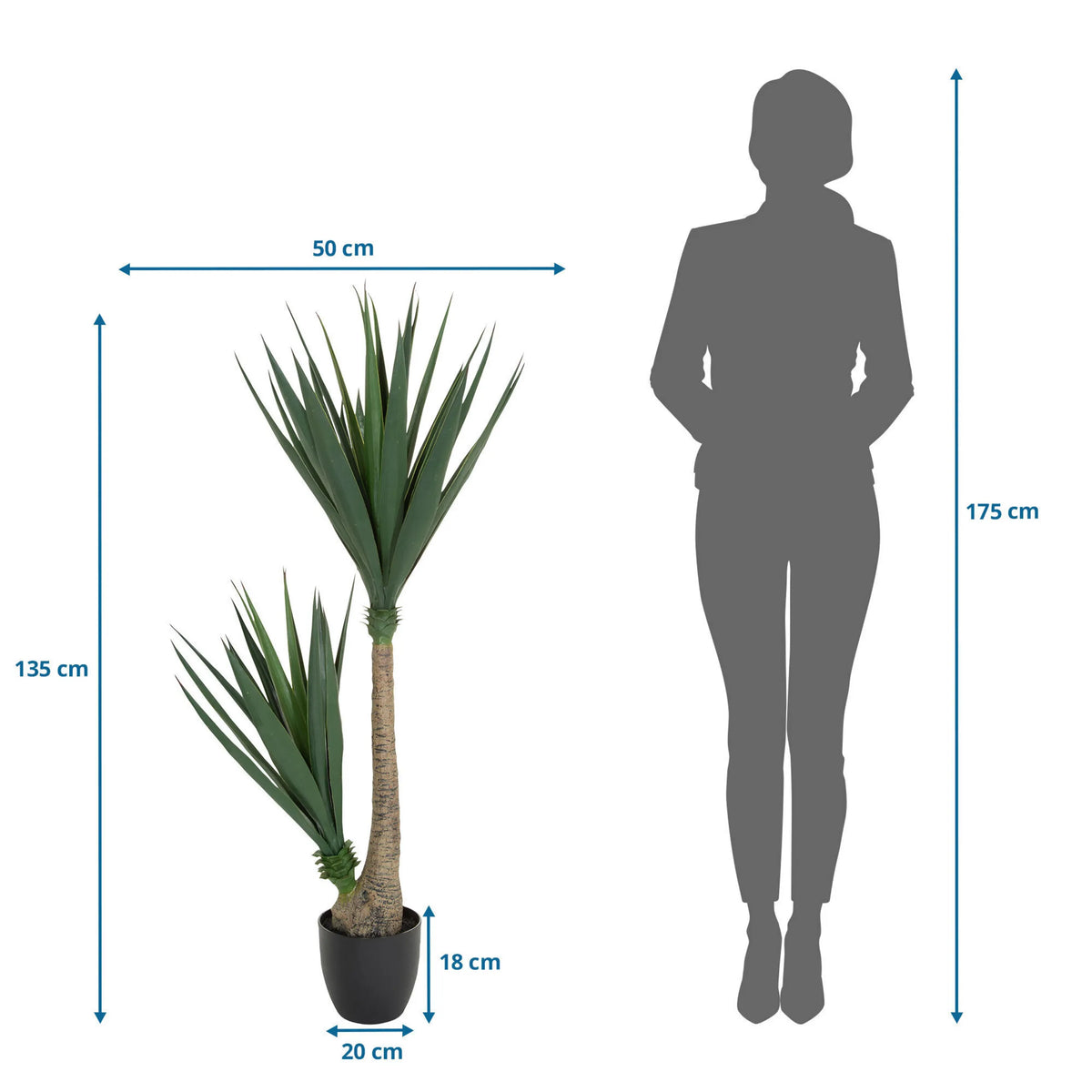Måttritning av Konstgjorda växter YUCCA med en höjd på 135 cm och bredd på 50 cm från hjh OFFICE