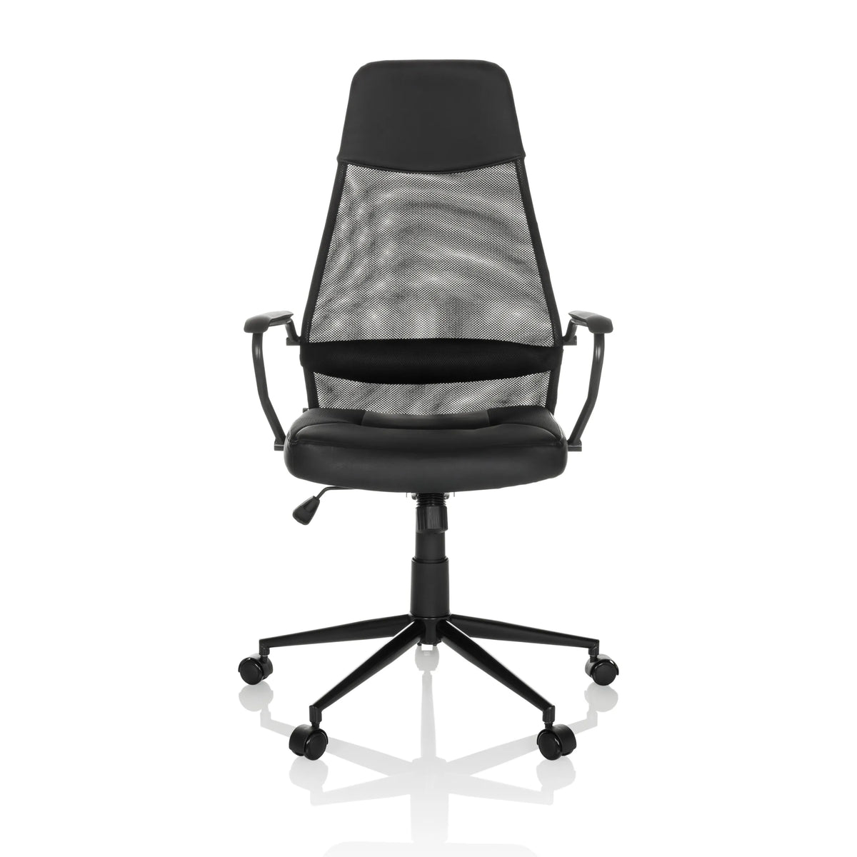 Svart Home Office chefsfåtölj MARCOZ med nätrygg och femhjulig fotkorsbas från MyBuero – 360-gradersvy (framifrån 0°)