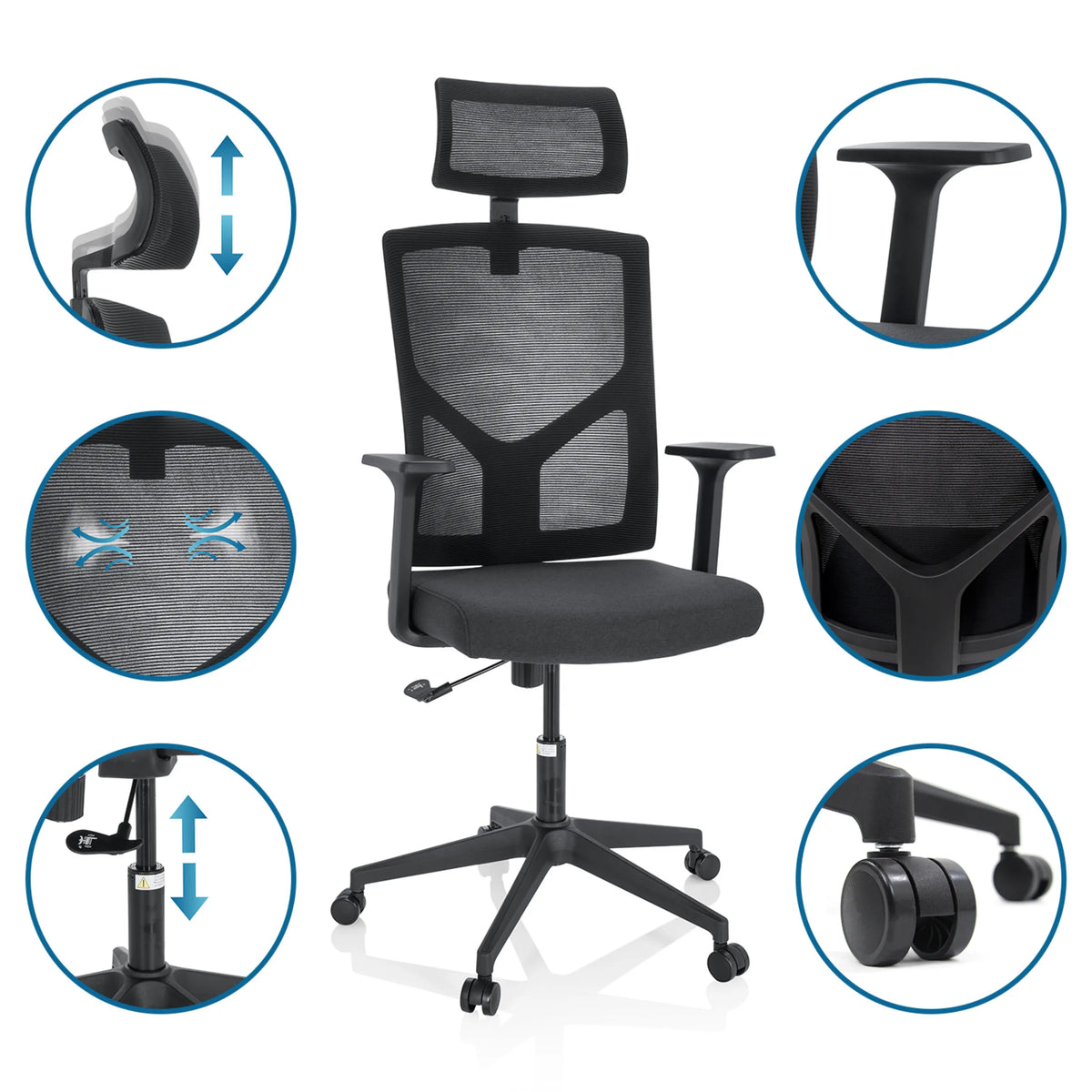 Home Office kontorsstol BRETON B i svart med justerbart nackstöd och armstöd från hjh OFFICE