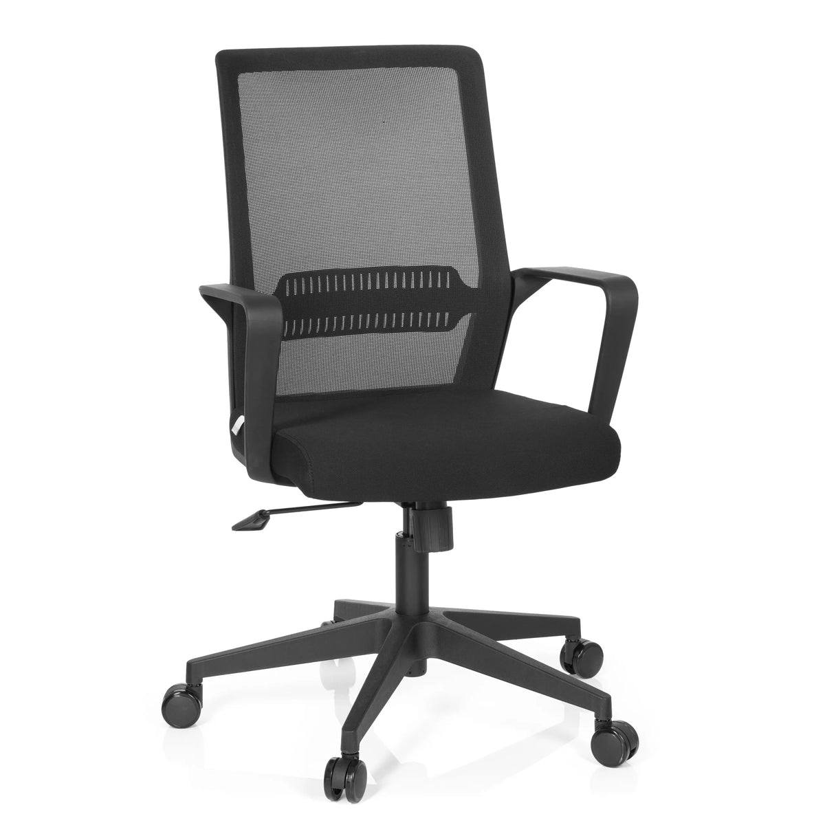 Svart Home Office kontorsstol PRESTON med nätrygg och femstjärnig fotkorsbas med hjul från hjh OFFICE – 360-gradersvy (framifrån 20°)