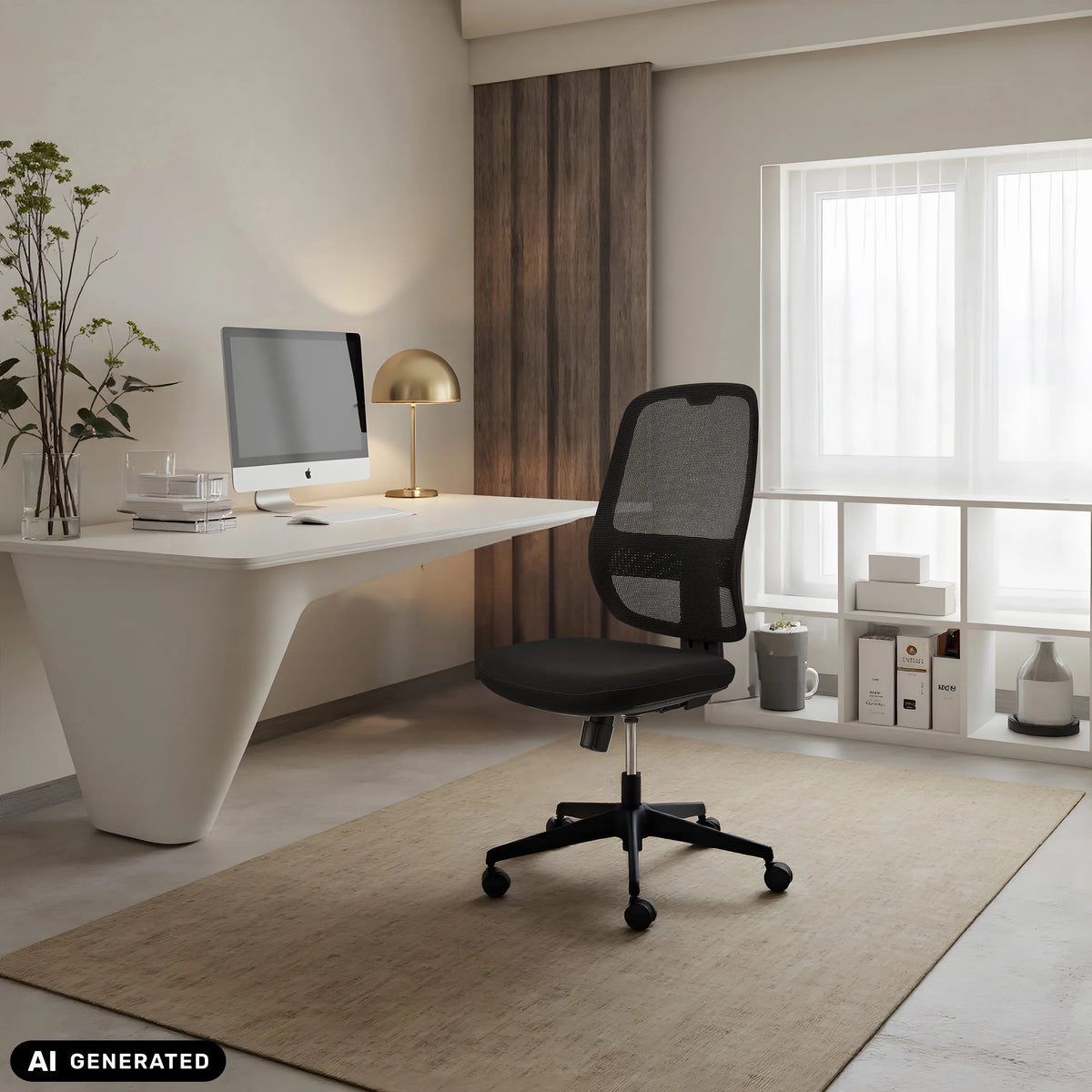 Svart professionell kontorsstol Minoro B med nätryggstöd i ett ljust hemkontor från hjh OFFICE (AI-genererad bild)