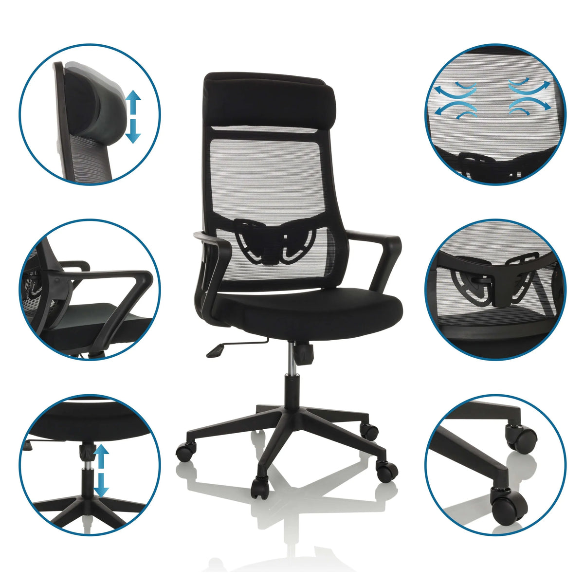 Home Office kontorsstol NEKEO i svart med justerbara detaljer och hjul från hjh OFFICE