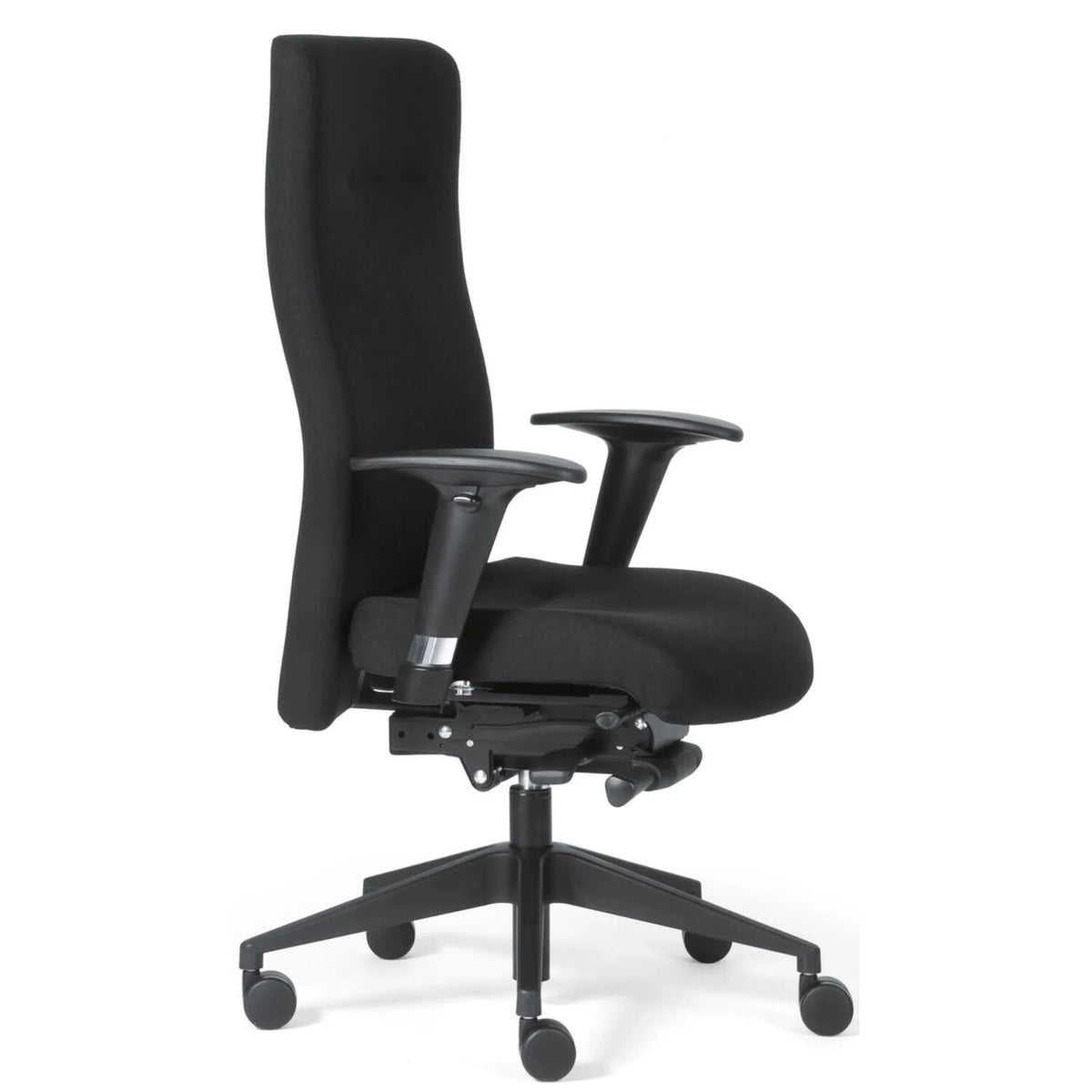 Lyxig chefsfåtölj ROVO XP med svart tygbeklädnad, armstöd och hjulstjärna från Rovo Chair