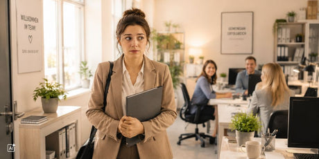 eine Frau ist nervös an ihrem ersten Arbeitstag im Büro und trägt eine Tasche und eine Mappe