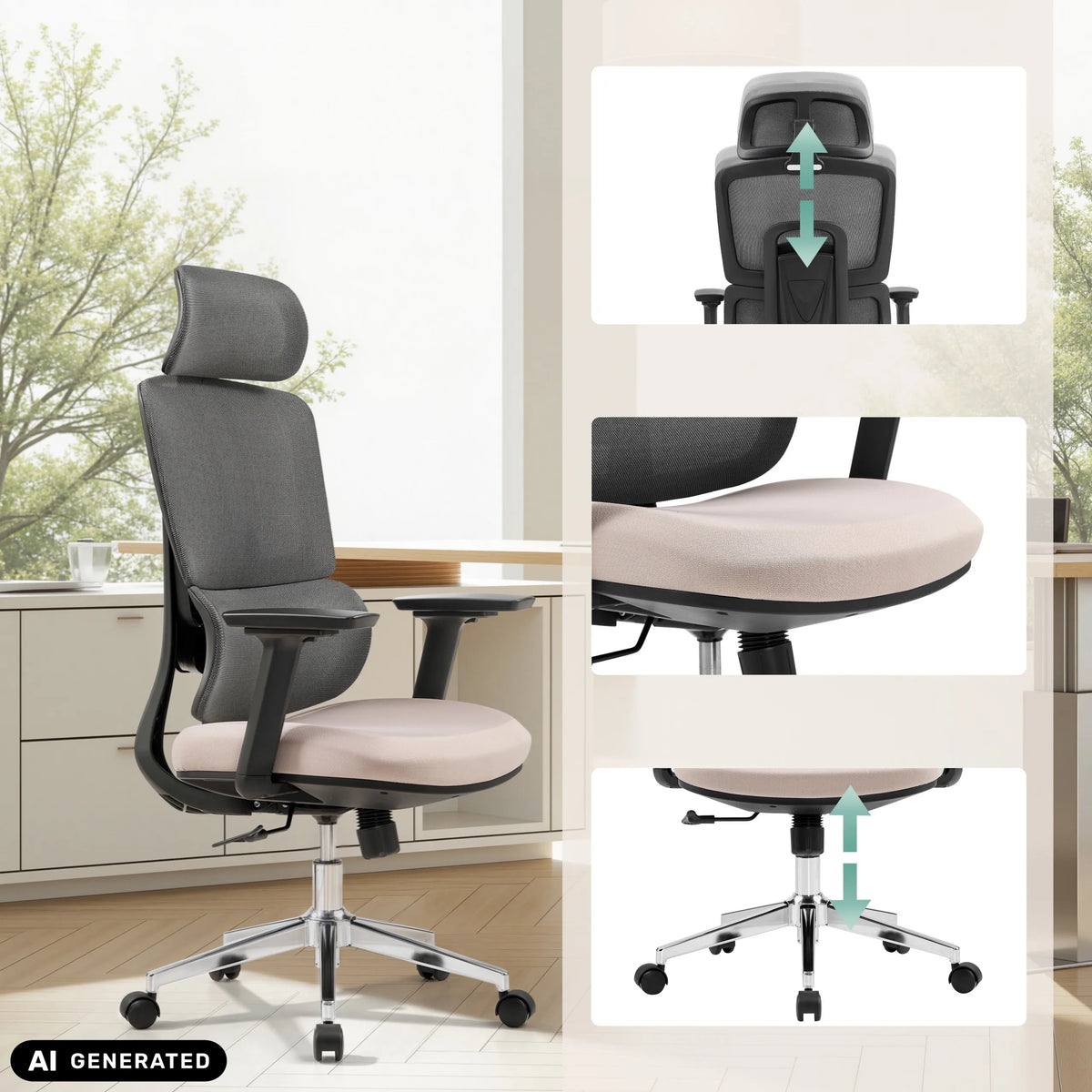 Professionell kontorsstol Ergomy Pro i mörkgrått och beige med justeringsmöjligheter från hjh OFFICE (AI-genererad bild)