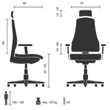 Teknisk ritning av Home Office kontorsstol Ergomy Colore med en maximal belastning på 120 kg från MyBuero
