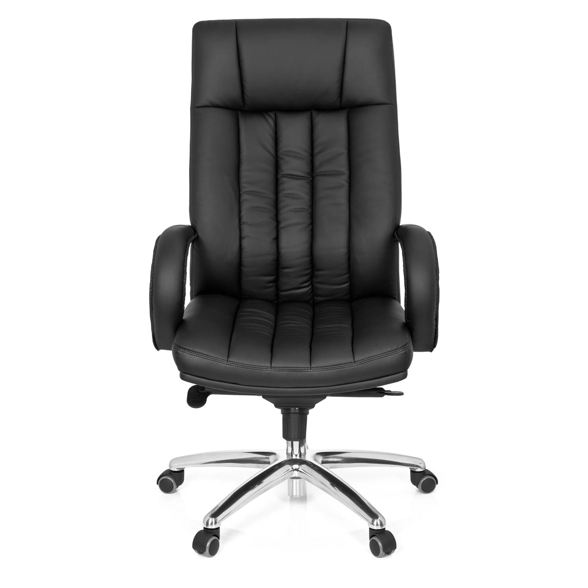 Svart snurrstol XXL G 300 med kviltning, armstöd och femstjärnigt fotkors med hjul från hjh OFFICE – 360-gradersvy (framifrån 0°)