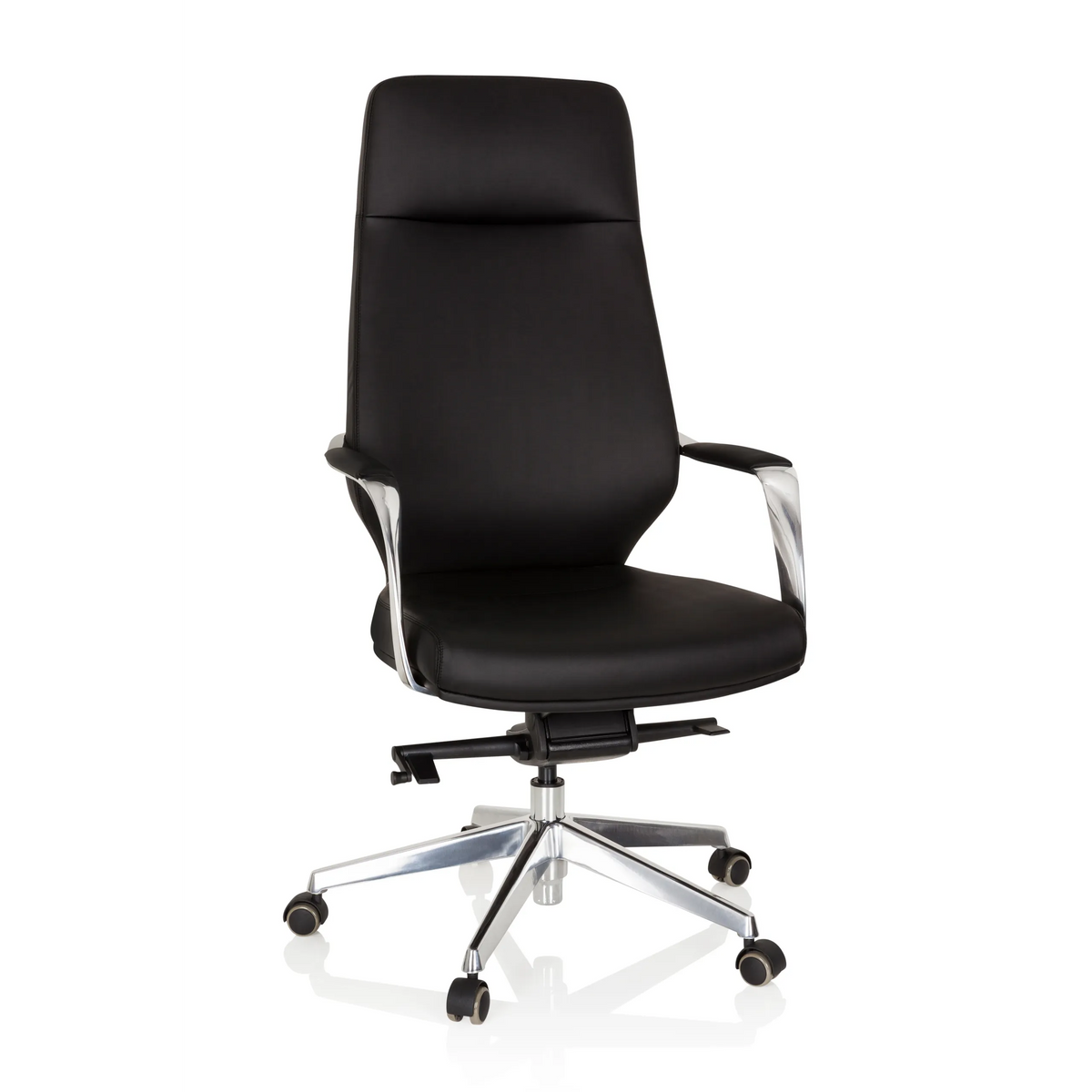 Svart Professionell chefsfåtölj VELVET med armstöd och femhjulig fotkorsbas från hjh OFFICE – 360-gradersvy (framifrån 20°)
