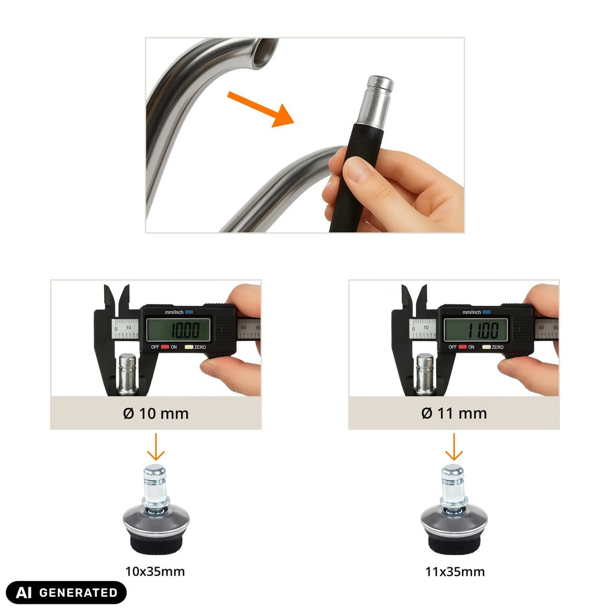 Mätning av 5 x STAND FZ möbeltassar med ett skjutmått i 10 mm och 11 mm från hjh OFFICE (AI-genererad bild)
