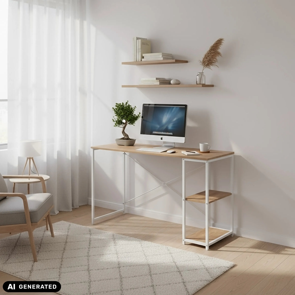 Skrivbord Easy Up2 i vitt och ek med integrerad hylla från hjh LIVING (AI-genererad bild)