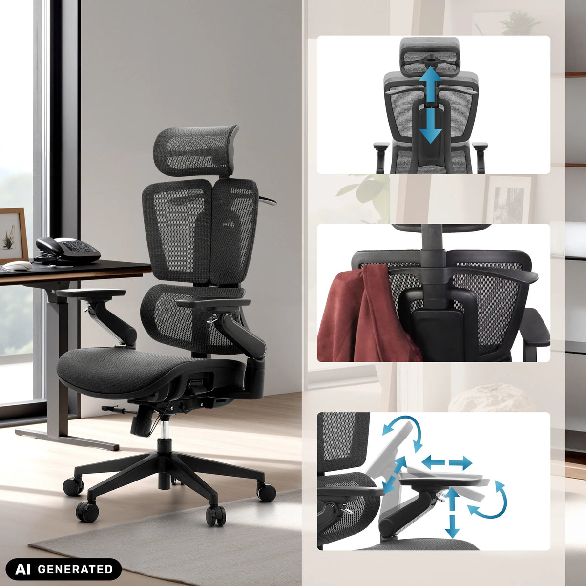 Justerbart nackstöd och armstöd på den professionella kontorsstolen Ergo U2 Pro3 i svart från hjh OFFICE (AI-genererad bild)