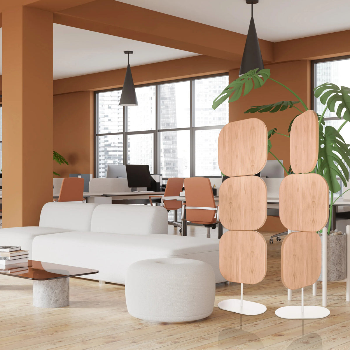 Beige FLEXMIUT W skärmväggar i trälook med rundade element på vita fötter från hjh OFFICE