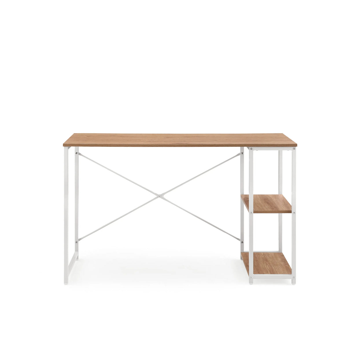 Skrivbord Easy Up2 i vitt och ek med integrerad hylla och X-stag från hjh LIVING – 360-gradersvy (framifrån 0°)