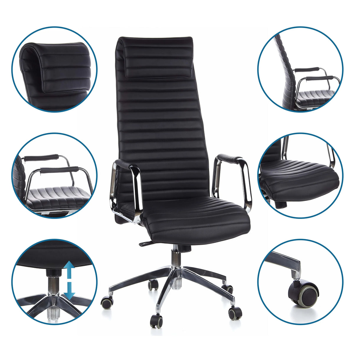 Lyxig chefsfåtölj ASPERA 20 i svart med detaljbilder på stoppning och hjul från hjh OFFICE
