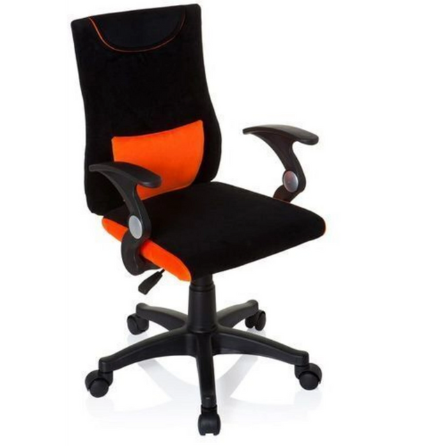 Kinderdrehstuhl KIDDY PRO AL in Schwarz-Orange mit Armlehnen und Rollenfußkreuz von hjh OFFICE