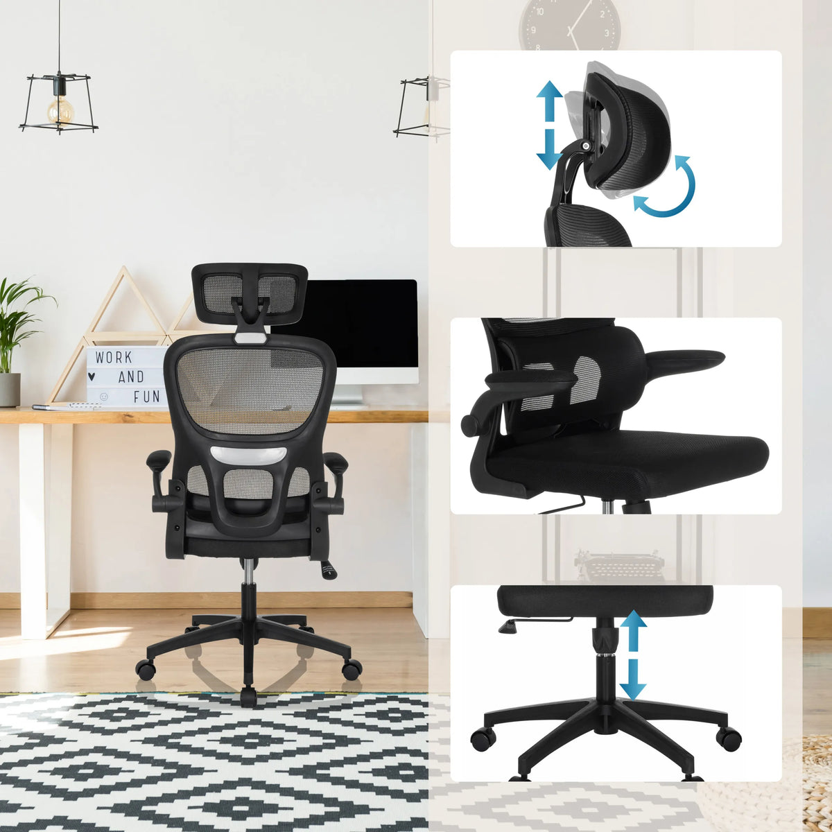 Home Office kontorsstol ERGOMY FLEX i svart med justerbart nackstöd, armstöd och gasfjäder från MyBuero