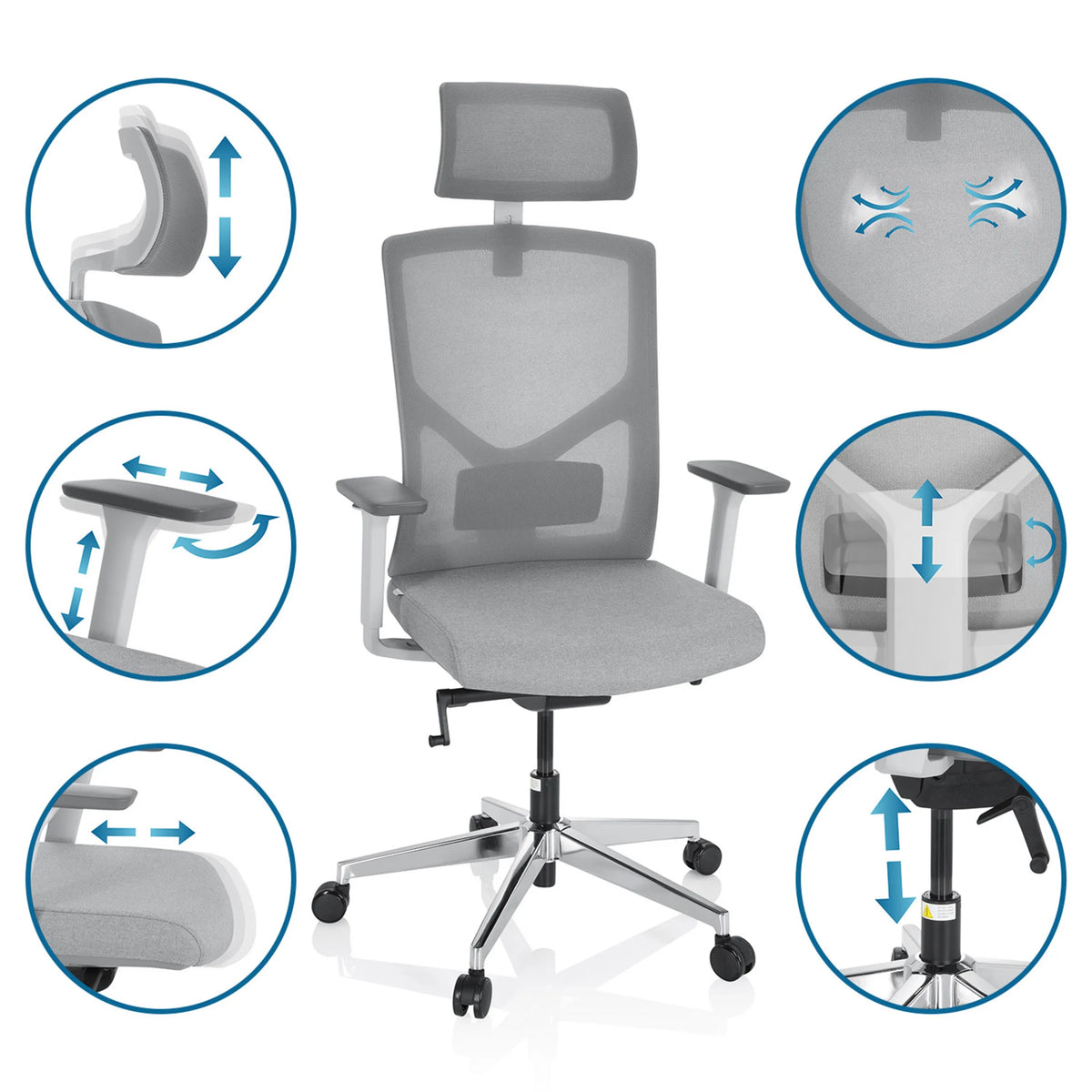 Grå Professionell kontorsstol BRETON PRO W med olika inställningsmöjligheter från hjh OFFICE