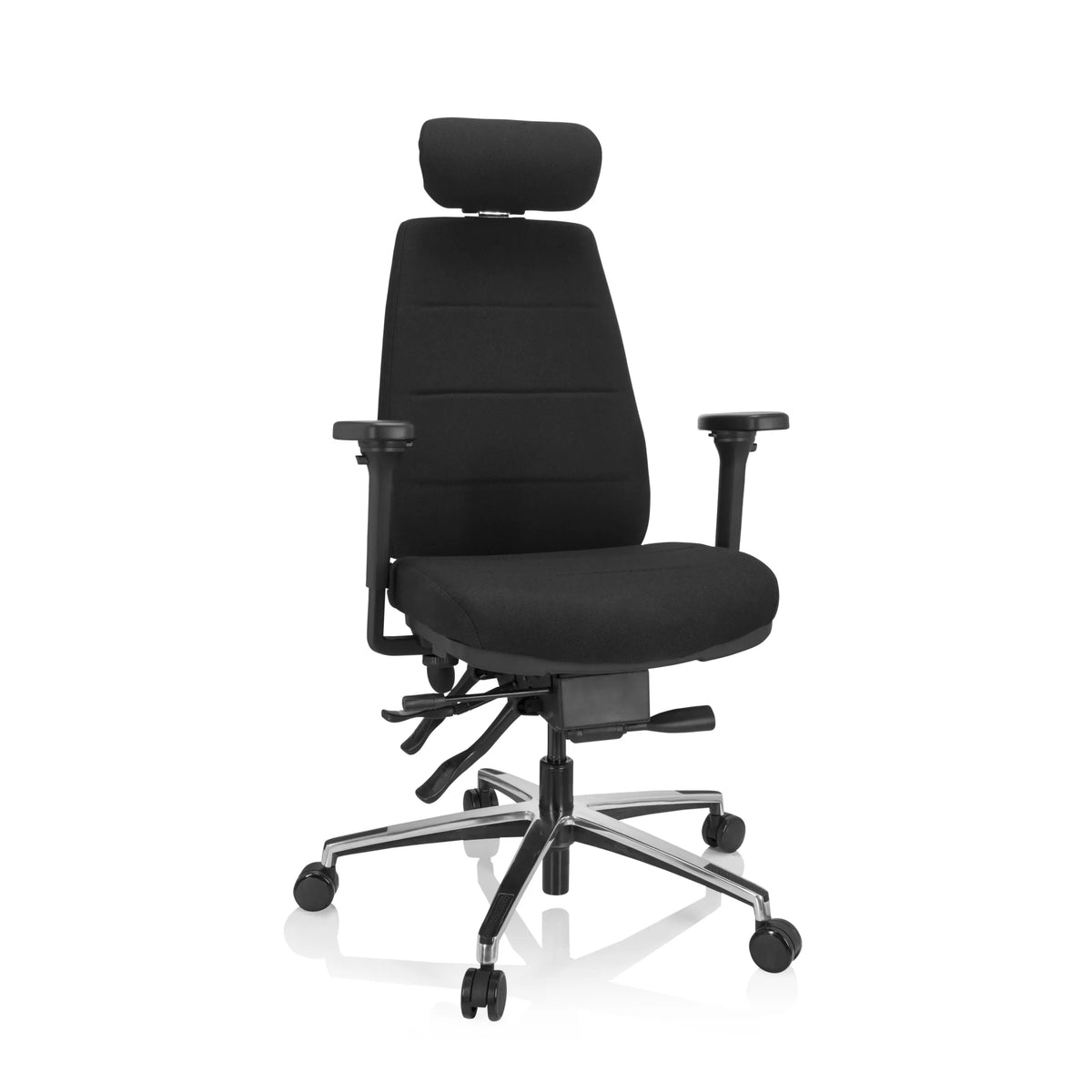 Svart Professionell kontorsstol PHOENIX PRO I med nackstöd och femhjulig fotkorsbas från hjh OFFICE – 360-gradersvy (framifrån 20°)