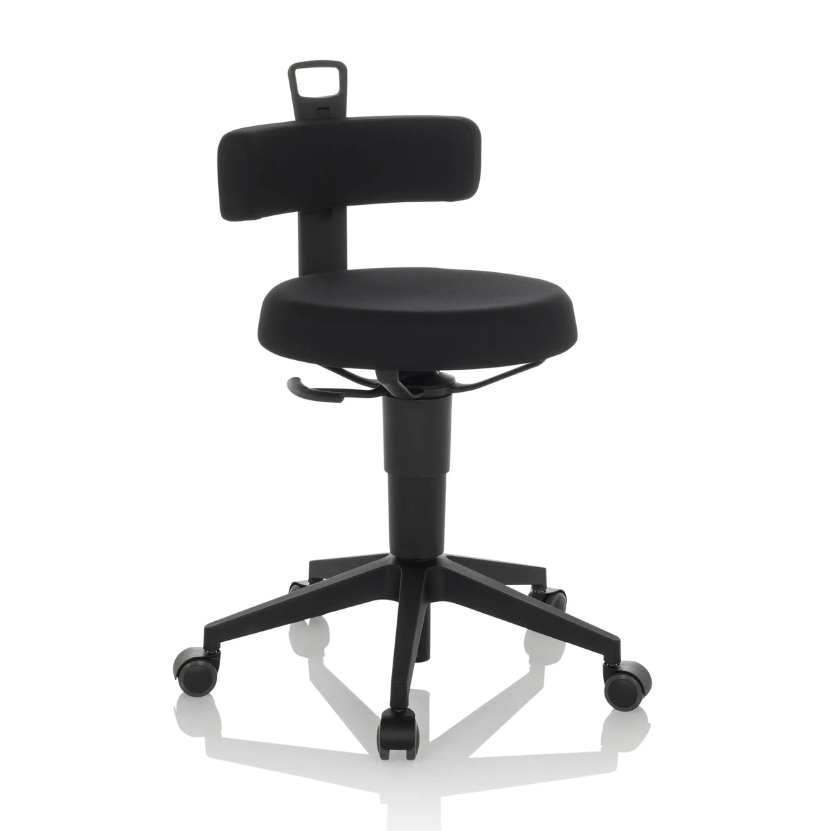 Svart Svängbar stol TOP WORK FLEX med ryggstöd, handtag och femhjuligt underrede från hjh OFFICE – 360-gradersvy (snett framifrån 30°)