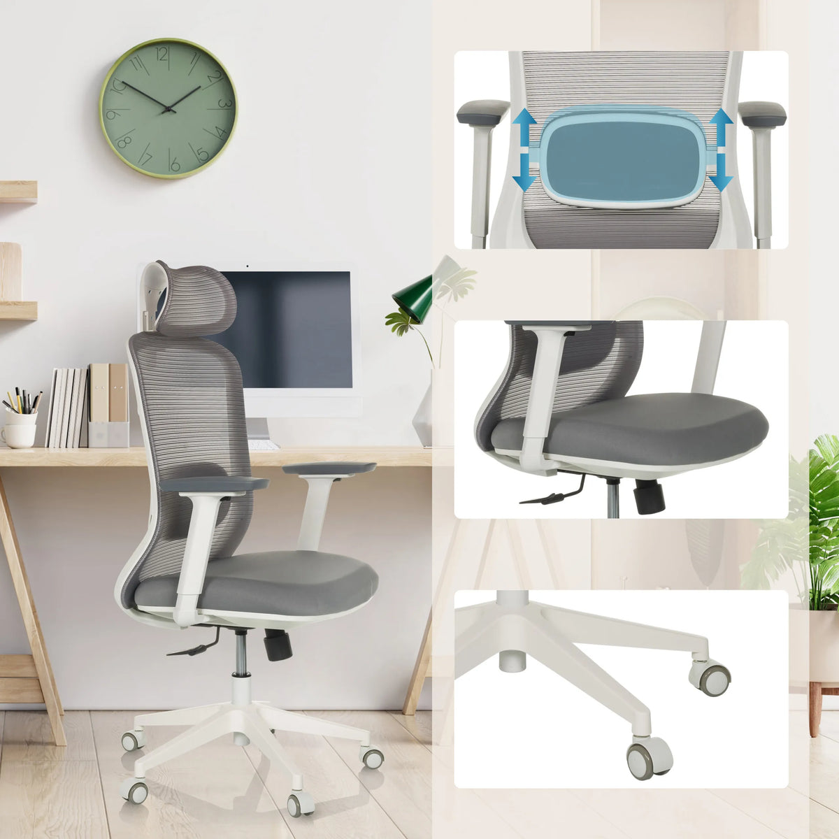 Grå Professionell kontorsstol MIKEO G med justerbart svankstöd, armstöd och hjul från hjh OFFICE