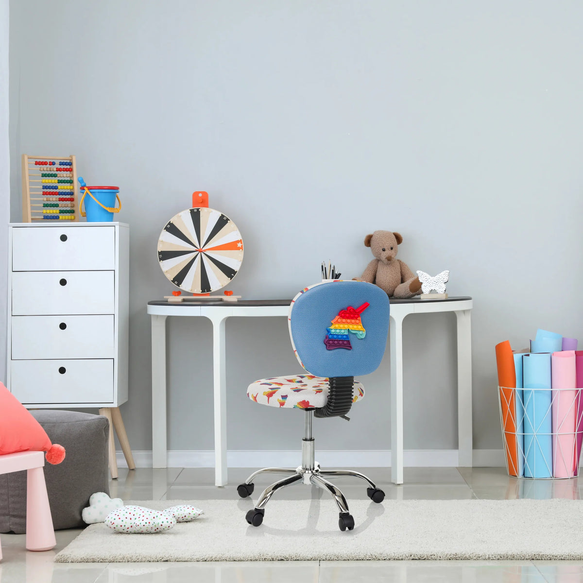 Snurrstol för barn KID BUBBLE med färgglatt motiv och blått ryggstöd från hjh OFFICE