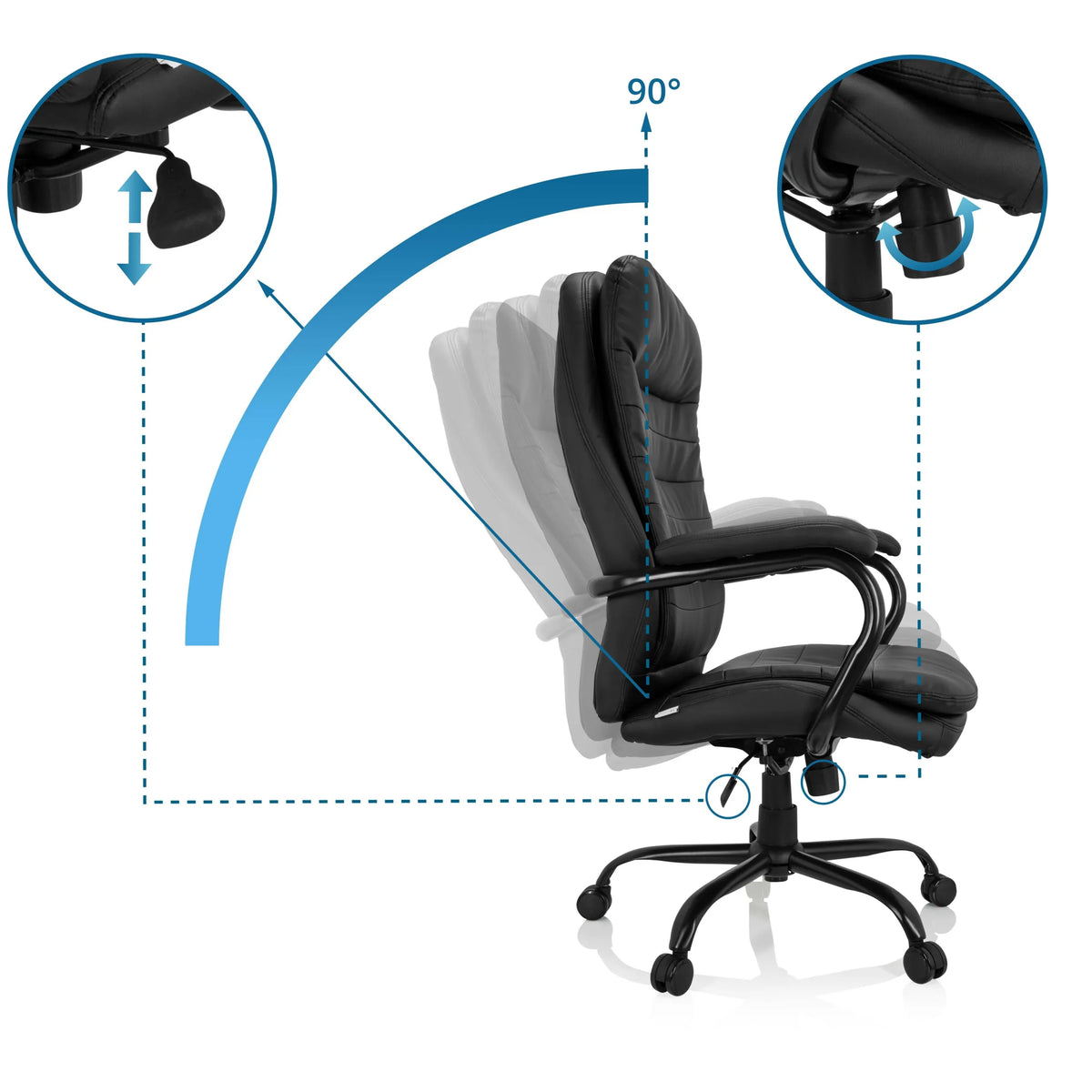 Justerbart ryggstöd upp till 90 grader på snurrstol RELAX XXL B i svart konstläder från hjh OFFICE