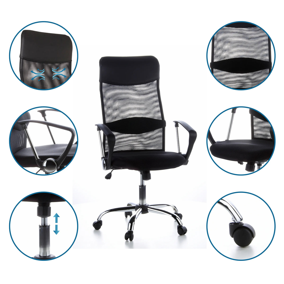 Home Office chefsfåtölj ARIA HIGH i svart med nätrygg, armstöd och gasfjäder från hjh OFFICE