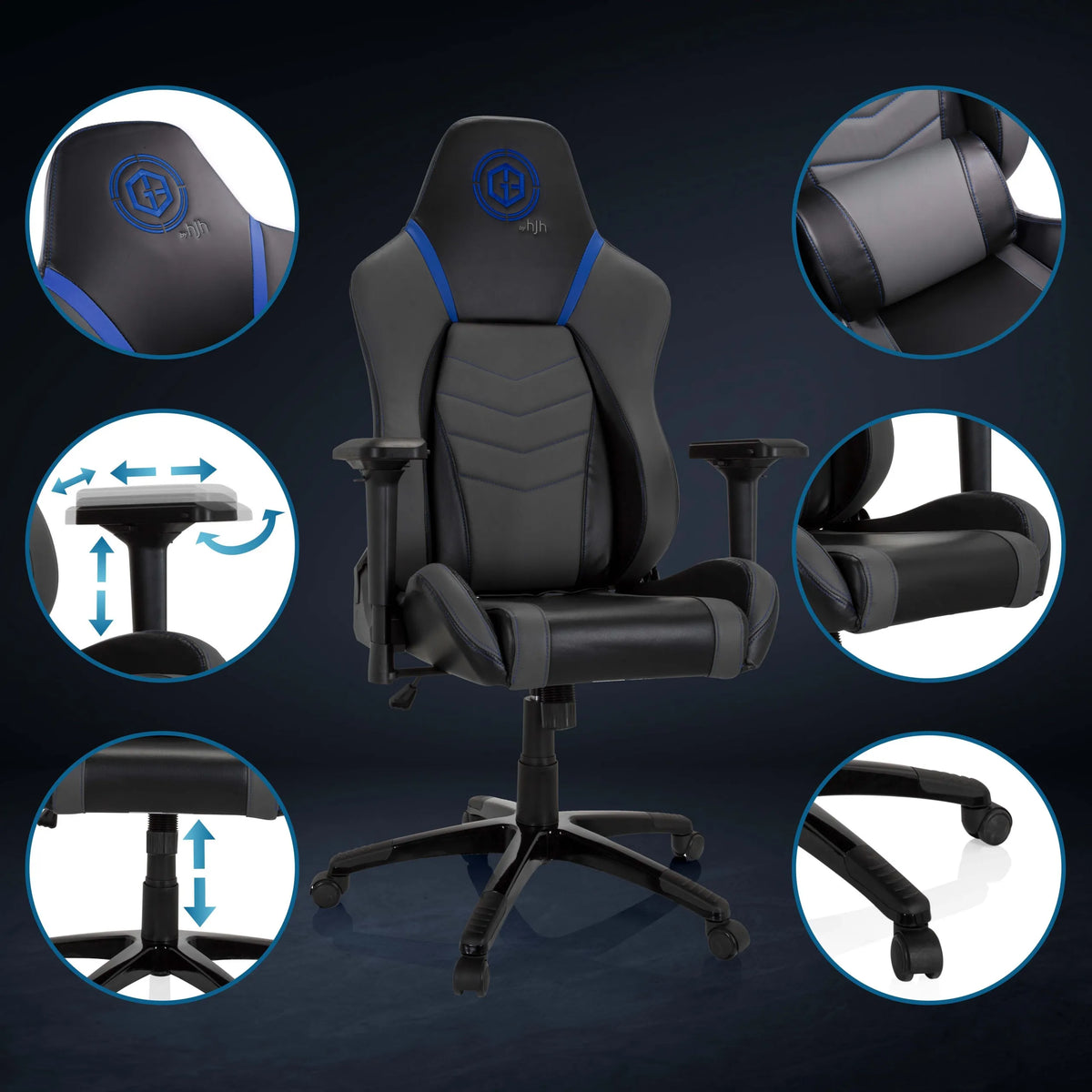 Spelstol GAMEBREAKER POLARYS I i gråblå med detaljvyer av armstöd, gaslift och hjul från hjh OFFICE