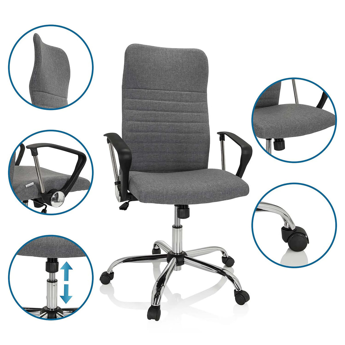 Grå Home Office kontorsstol ARTON 40 med detaljvyer av ryggstöd, armstöd, gasfjäder och hjul från hjh OFFICE