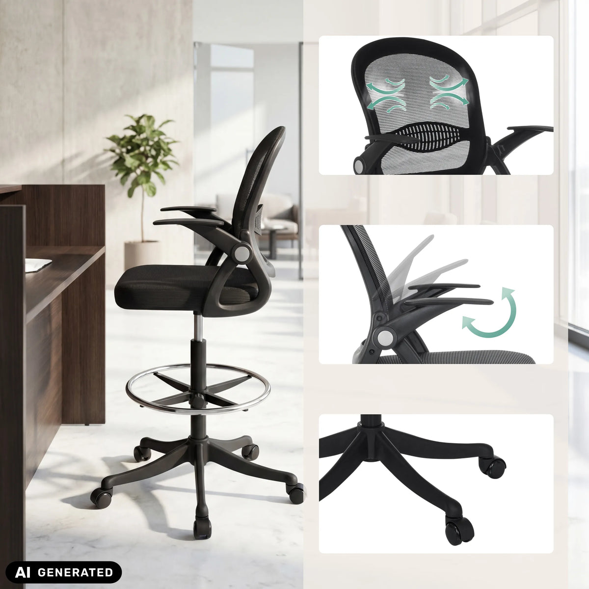 Bardiskstol Naluro Work i svart med nätrygg, justerbara armstöd och fotring från hjh OFFICE (AI-genererad bild)