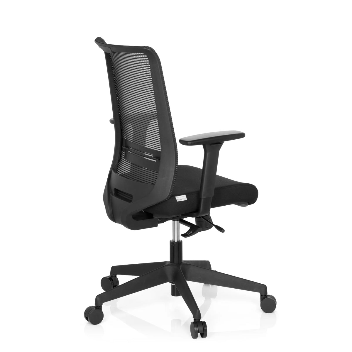 Svart Professionell kontorsstol CONISTON med nätrygg och femhjulig fotkorsbas från hjh OFFICE – 360-gradersvy (snett bakifrån 120°)