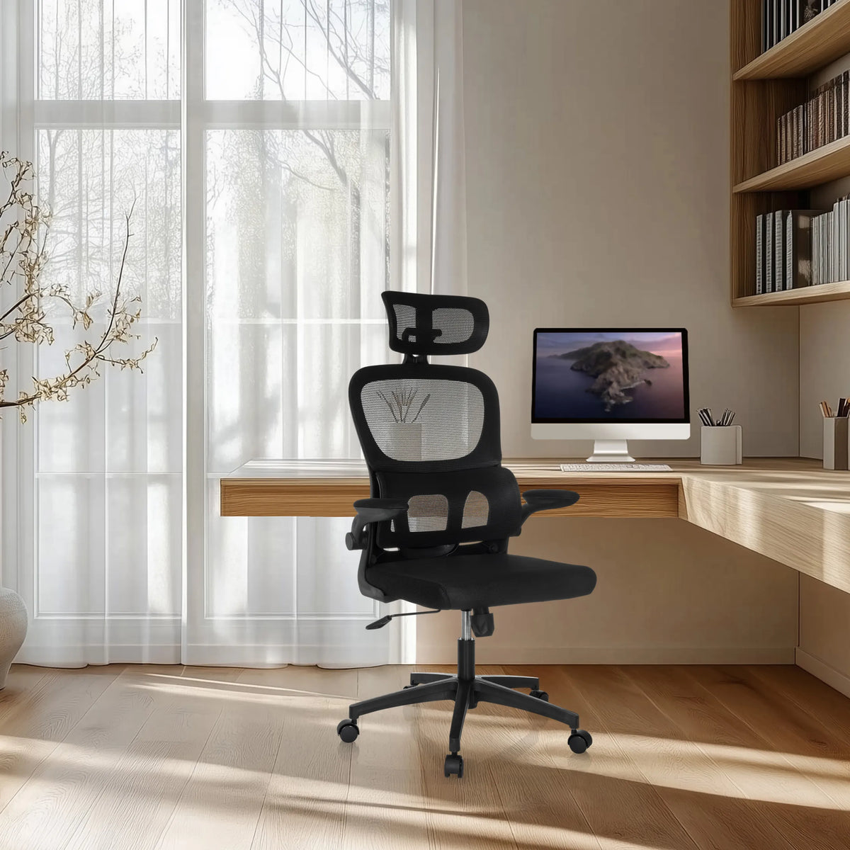 Svart Home Office kontorsstol ERGOMY FLEX med nätryggstöd och nackstöd från MyBuero