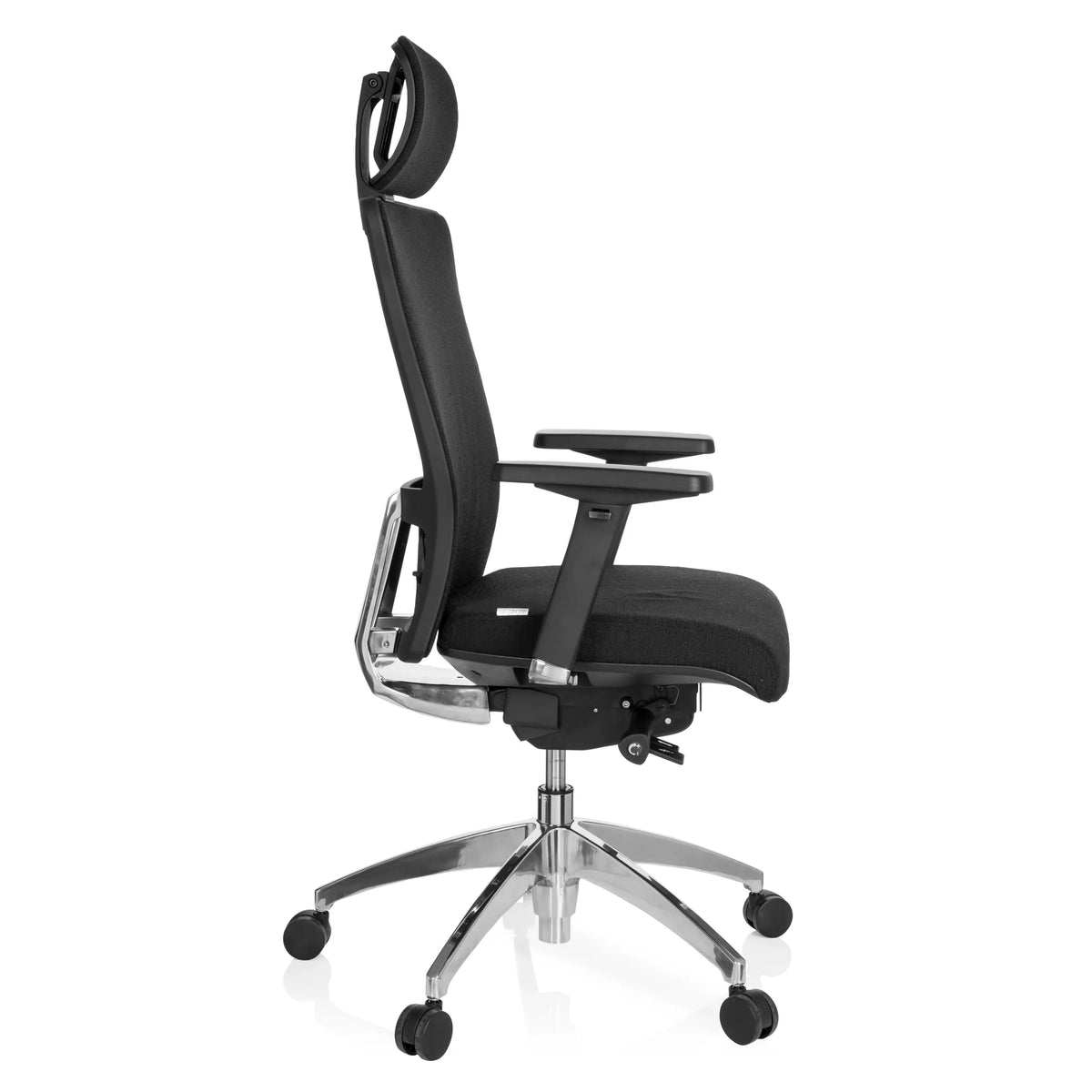Svart Professionell kontorsstol ASTRA LUX med nackstöd, armstöd och femstjärnigt fotkors med hjul från hjh OFFICE – 360-gradersvy (sidoprofil 80°)