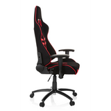 Schwarz-roter Gamingstuhl LEAGUE PRO I mit zwei Kopfstützen-Öffnungen und Fußkreuz mit fünf Rollen von hjh OFFICE – 360-Grad-Ansicht (Seitenprofil 80°)