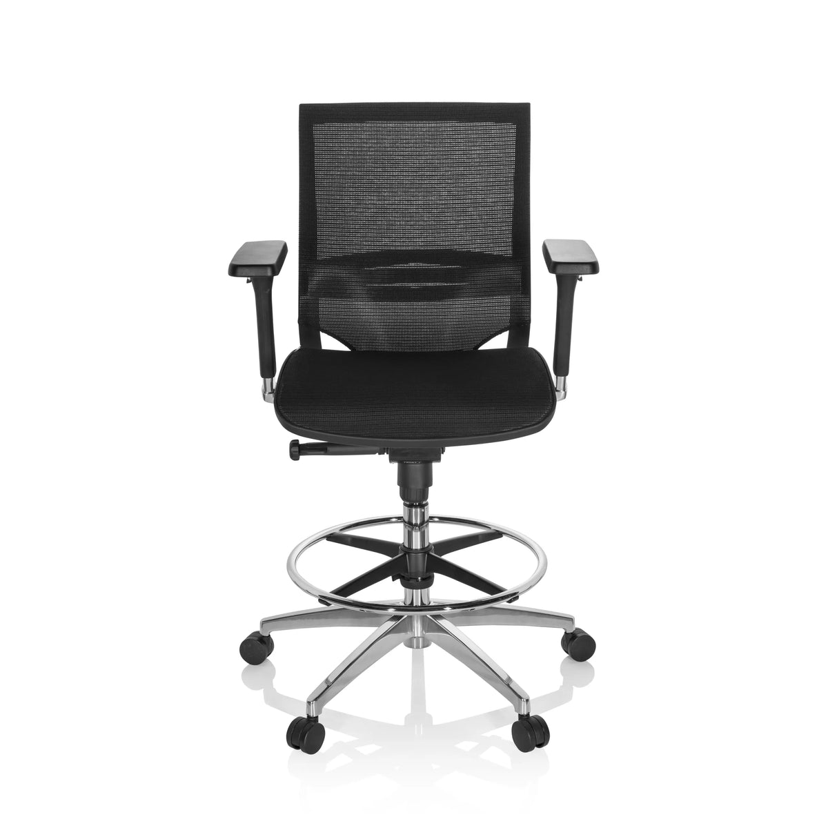 Svart bardiskstol TOP WORK 78 med nätrygg, fotring och femhjulig fotkorsbas från hjh OFFICE – 360-gradersvy (framifrån 0°)