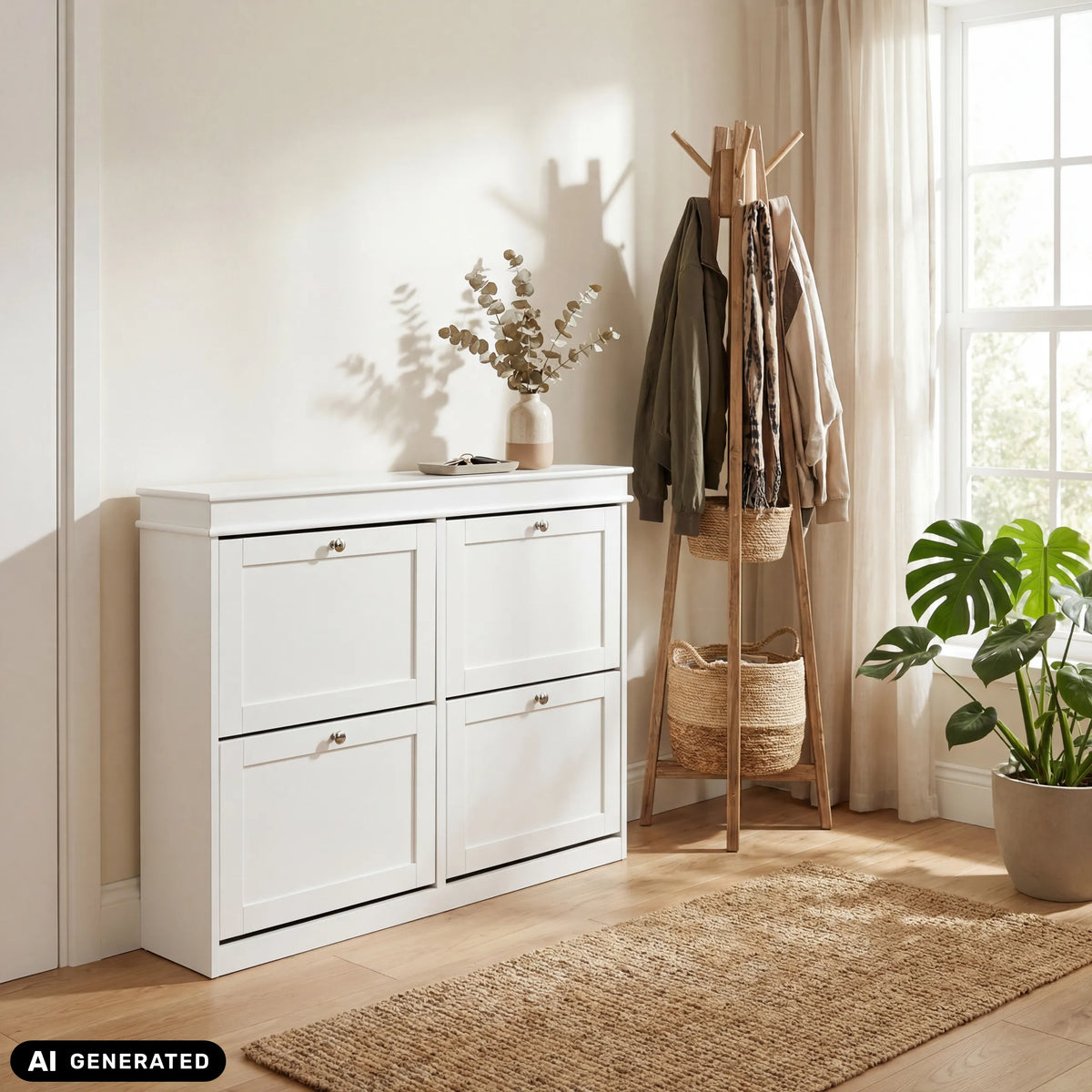 Vitt Estha 40 skoskåp med fyra klaffluckor och silverfärgade handtag från hjh LIVING (AI-genererad bild)